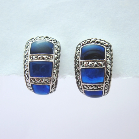 Blue Enamel 3-Window Earrings with Marcasite - Click Image to Close